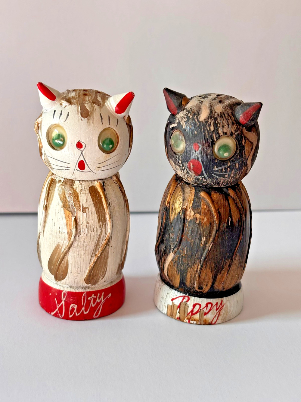 Salt Pepper Shakers Wooden Cat Salty Peppy Glass Eyes Japan MCM 1950s Napco